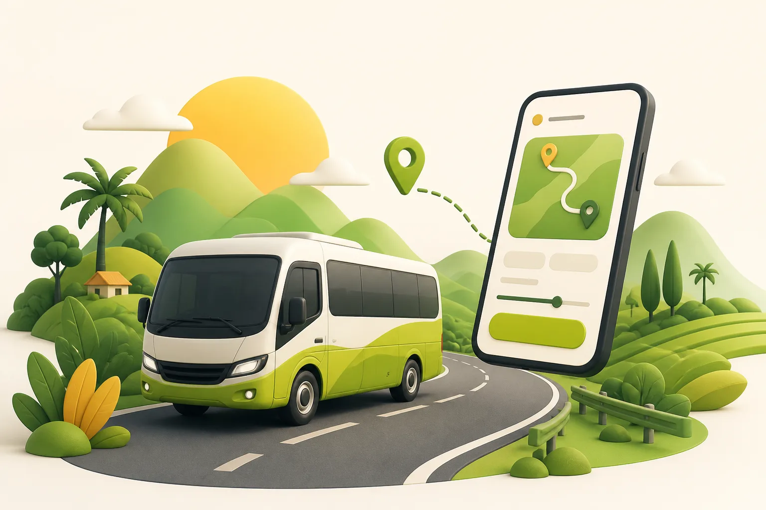 Ilustrasi shuttle MangGo, ponsel, dan rute perjalanan antarkota